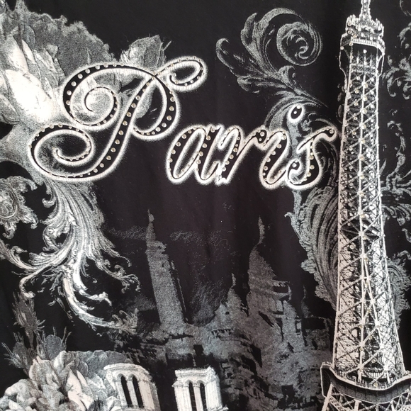 Vintage Hello Paris Embellished Rhinestone Black Top Eiffel Tower Y2K Blouse - Picture 2 of 7